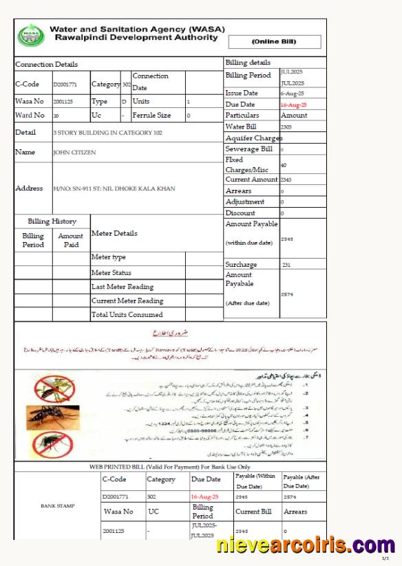 Pakistan Water and Sanitation Agency Rawalpindi Development Authority utility bill